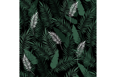 Seamless pattern with palm leaves. Exotic green foliage on black backg