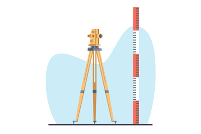 Theodolite on tripod and large ruler, engineering equipment for measur