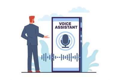 Voice assistant concept, man standing by his smartphone, microphone an