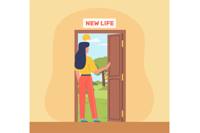 Woman opens door to new life, takes first step into future. Happy life