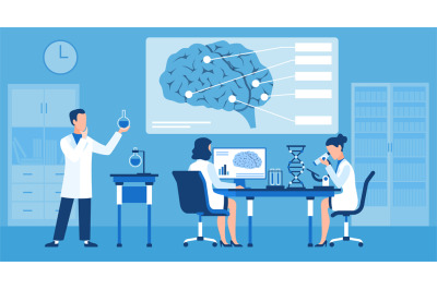 Scientists explore human brain in lab. Doctors group in science labora