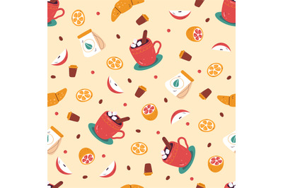 Tea seamless pattern. Hot drinks in ceramic mugs, coffee and sweet pas