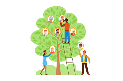 Young girls and boys make up family tree. Man on ladder, woman hold ph