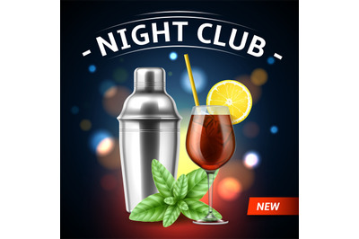 Realistic bartender poster. Night club banners, cocktail in glass gobl