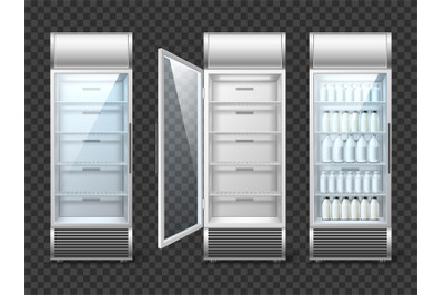 Realistic fridge with drinks. Supermarket equipment, empty and full st