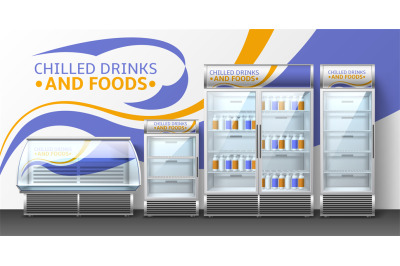 Store fridges display design. Commercial refrigerators and showcases w