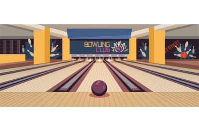 Cartoon bowling center interior. Wooden alleys with skittles, ball for