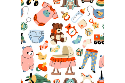 Baby supplies seamless pattern. Cartoon nursery accessories, repeated