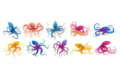 Cartoon octopus. Funny colorful sea invertebrates, giant shellfish, ma