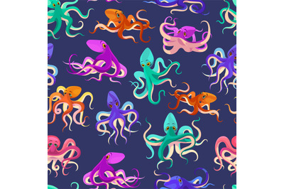 Cartoon octopus seamless pattern. Colorful underwater animals, tentacl