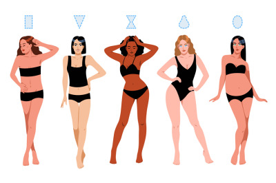 Female figures types. Beautiful women in underwear, body structure and