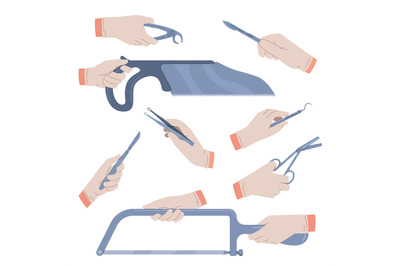 Hands in medical gloves hold surgical instruments. Flat steel tweezers