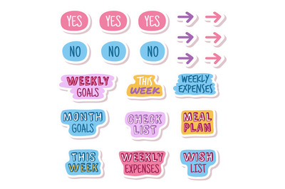 Diary stickers. Check and with list&2C; goals and arrows&2C; yes and no labe