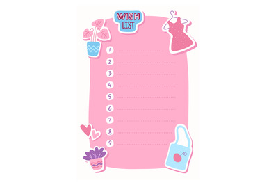 Planner paper. Wish list, frame for text with numbers, cute dress and