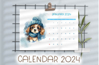 Watercolor Baby  Dog Wearing Hat | Printable Calendar 2024