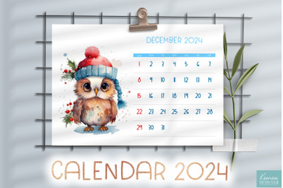 Watercolor Baby  Owl Wearing Hat | Printable Calendar 2024