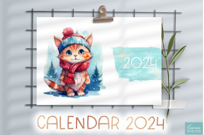 Watercolor Cute Cat  Wearing Hat | Printable Calendar 2024
