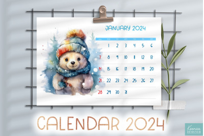 Watercolor Cute Bear  Wearing Hat | Printable Calendar 2024