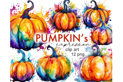 Colorful Watercolor Pumpkins Clip Art