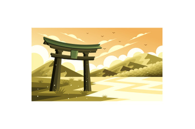 Torii Gate Japanese Landscape Illustration