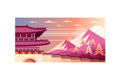 Korean Palace and Mountain View Illustration