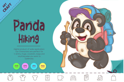 Cartoon Panda Hiking. Animal Art.