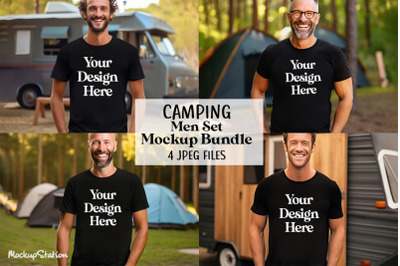 Men Black T-Shirt Mockup Camping Bundle, Man Outdoor Lifestyle Tee
