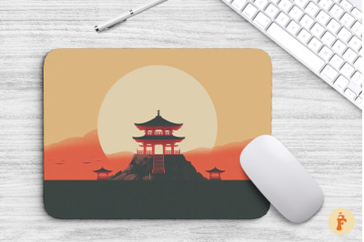 Mouse Pad Japanese Temple And Sun