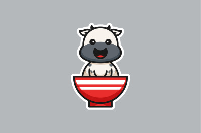 cute baby cow in bowl vector design template