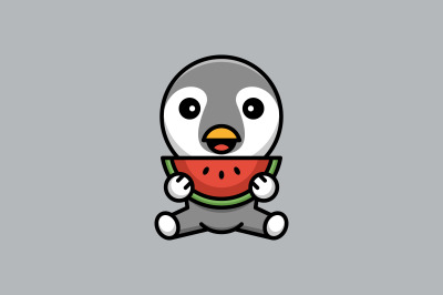 cute penguin with watermelon vector design template