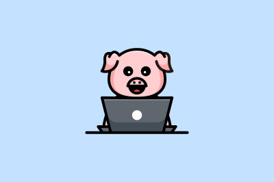 cute pig using laptop vector design template