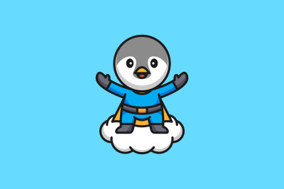 hero flying penguin on cloud vector design template