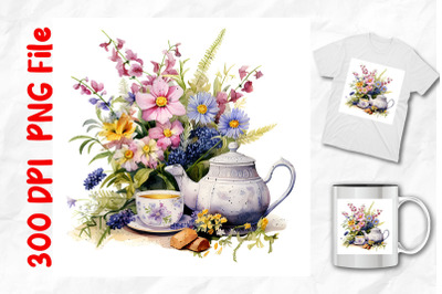 Set Of Vintage Tea Cup And Flowers