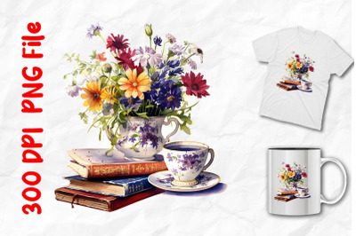 Vintage Books Tea Cup And Flowers