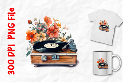 Vintage Vinyl Turntable And Flowers