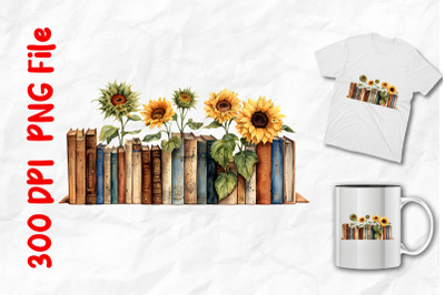 Row Of Vintage Books And Sunflowers