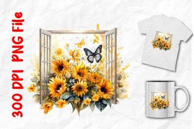 Retro Sunflowers Butterfly By Window