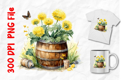 Vintage Butterfly Dandelions In Barrel