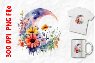 Watercolor Cresent Moon And Flowers