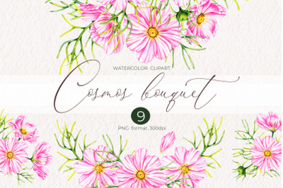 Watercolor Cosmos Flowers Bouquets clipart&2C; PNG