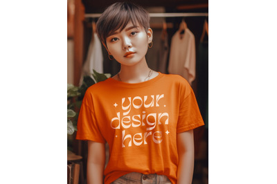 Bella Canvas 3001 Mockup, Bella Canvas 3001 Orange, Asian Model Mockup