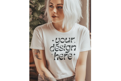 Bella Canvas 3001 Mockup White, Female Tshirt Mockup, Tatooed Model Mo