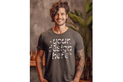 3001 Bella Canvas Mockup Men, Bella Heather Brown, Male Tatooed Mockup