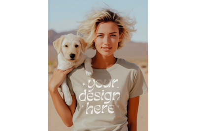 Gildan 5000 Mockup&2C; Gildan 5000 Sand Tshirt Mockup&2C; Model With Dog Moc