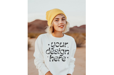 White Gildan 18000 Mockup, Crewneck Sweatshirt Mockup, Sweater, Model