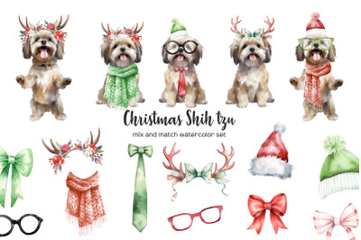Watercolor Christmas shih tzu clipart. Xmas dogs clip art