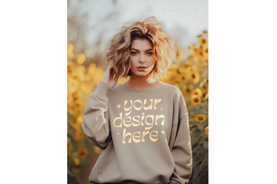 Gildan 18000 Mockup, Gildan Sand Sweatshirt, Crewneck Girl Mockup, Sun