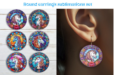 Unicorn round earrings sublimation Stained glass earring template