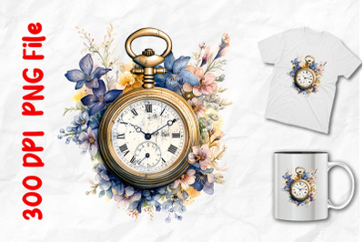 Retro Vintage Pocket Watch And Flowers