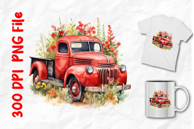 Vintage Red Truck And Wild Flowers